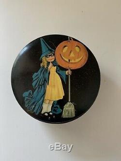 Vintage Antique Halloween Witch Jack O Lantern Tindeco Candy Container Tin 1920s