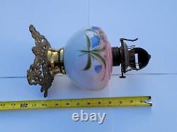 Vintage Antique Hand Painted Glass Victorian Brass Original Oil Kerosene Lamp