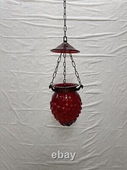 Vintage / Antique Hanging Candle Lamp Ornate? Brass And Wine Red Glass Lantern