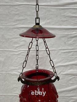 Vintage / Antique Hanging Candle Lamp Ornate? Brass And Wine Red Glass Lantern