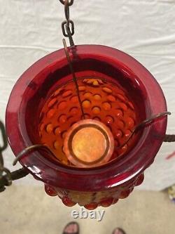 Vintage / Antique Hanging Candle Lamp Ornate? Brass And Wine Red Glass Lantern