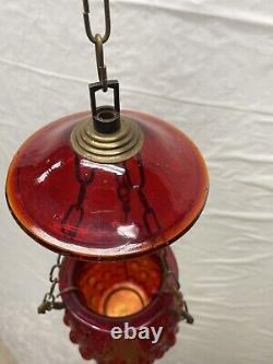 Vintage / Antique Hanging Candle Lamp Ornate? Brass And Wine Red Glass Lantern