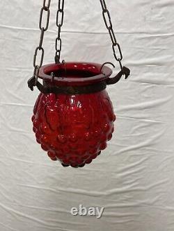 Vintage / Antique Hanging Candle Lamp Ornate? Brass And Wine Red Glass Lantern