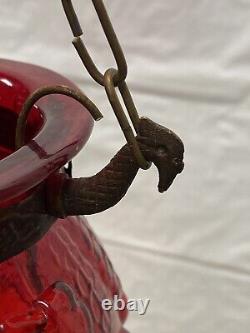 Vintage / Antique Hanging Candle Lamp Ornate? Brass And Wine Red Glass Lantern