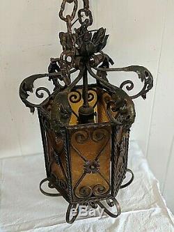 Vintage Antique Italian Amber Stained Glass Chandelier Lantern