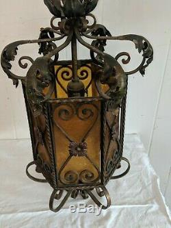 Vintage Antique Italian Amber Stained Glass Chandelier Lantern