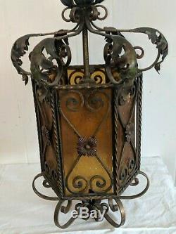 Vintage Antique Italian Amber Stained Glass Chandelier Lantern