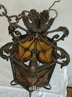 Vintage Antique Italian Amber Stained Glass Chandelier Lantern