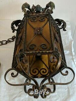 Vintage Antique Italian Amber Stained Glass Chandelier Lantern