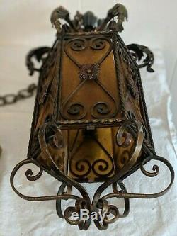 Vintage Antique Italian Amber Stained Glass Chandelier Lantern