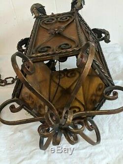 Vintage Antique Italian Amber Stained Glass Chandelier Lantern