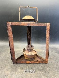 Vintage Antique Kerosene Oil Lantern Square Frame Metal Wick Flame Burner Lamp