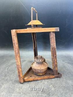 Vintage Antique Kerosene Oil Lantern Square Frame Metal Wick Flame Burner Lamp