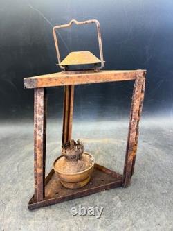 Vintage Antique Kerosene Oil Lantern Square Frame Metal Wick Flame Burner Lamp
