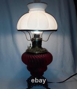 Vintage Antique Lamp Nicholas Kopp Red Glass kerosene converted Oil Electric