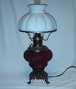 Vintage Antique Lamp Nicholas Kopp Red Glass kerosene converted Oil Electric