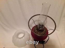 Vintage Antique Lamp Nicholas Kopp Red Glass kerosene converted Oil Electric