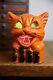 Vintage Antique Paper Mache Orange Cat on Fence Halloween Lantern Bucket Old