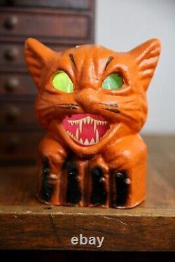 Vintage Antique Paper Mache Orange Cat on Fence Halloween Lantern Bucket Old