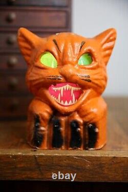 Vintage Antique Paper Mache Orange Cat on Fence Halloween Lantern Bucket Old