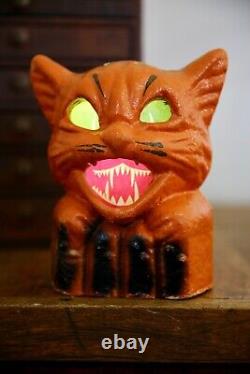 Vintage Antique Paper Mache Orange Cat on Fence Halloween Lantern Bucket Old