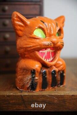 Vintage Antique Paper Mache Orange Cat on Fence Halloween Lantern Bucket Old