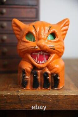 Vintage Antique Paper Mache Orange Cat on Fence Halloween Lantern Bucket Old