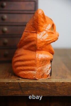 Vintage Antique Paper Mache Orange Cat on Fence Halloween Lantern Bucket Old