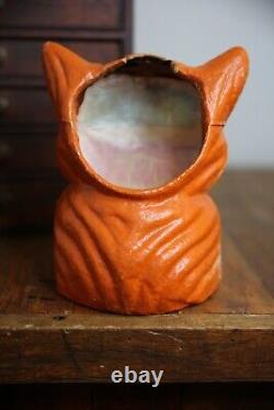 Vintage Antique Paper Mache Orange Cat on Fence Halloween Lantern Bucket Old