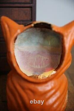 Vintage Antique Paper Mache Orange Cat on Fence Halloween Lantern Bucket Old