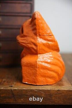Vintage Antique Paper Mache Orange Cat on Fence Halloween Lantern Bucket Old