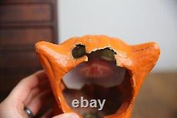 Vintage Antique Paper Mache Orange Cat on Fence Halloween Lantern Bucket Old