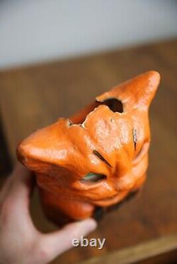 Vintage Antique Paper Mache Orange Cat on Fence Halloween Lantern Bucket Old
