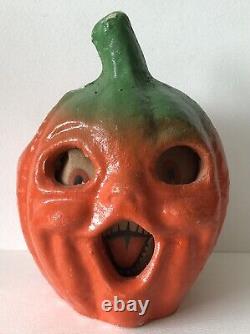 Vintage Antique Papier-Mâché Pulp Halloween STEM JOL PUMPKIN 2 Orig Paper Face