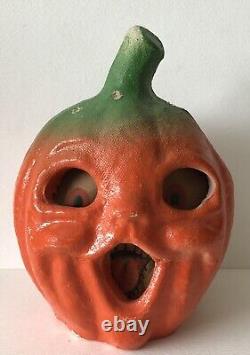 Vintage Antique Papier-Mâché Pulp Halloween STEM JOL PUMPKIN 2 Orig Paper Face