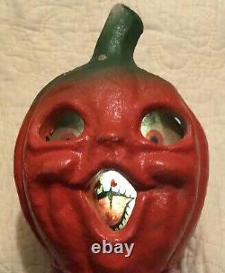 Vintage Antique Papier-Mâché Pulp Halloween STEM JOL PUMPKIN 2 Orig Paper Face