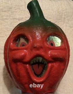 Vintage Antique Papier-Mâché Pulp Halloween STEM JOL PUMPKIN 2 Orig Paper Face