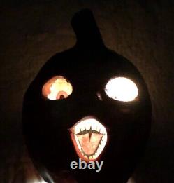 Vintage Antique Papier-Mâché Pulp Halloween STEM JOL PUMPKIN 2 Orig Paper Face