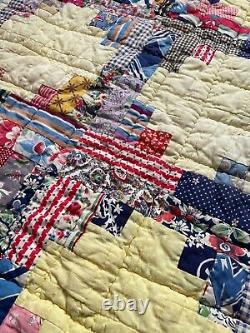 Vintage Antique Patchwork Lantern Quilt Feedsack 1930s Hand Stitched 83 x 65