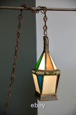 Vintage Antique Stained Glass Hanging Ceiling Lantern Lamp Swag Light brass