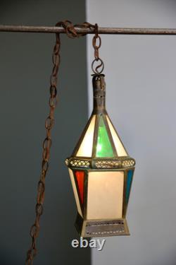 Vintage Antique Stained Glass Hanging Ceiling Lantern Lamp Swag Light brass