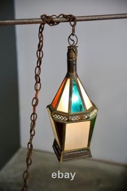 Vintage Antique Stained Glass Hanging Ceiling Lantern Lamp Swag Light brass