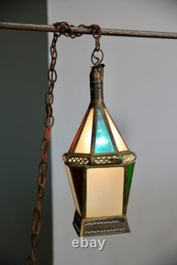 Vintage Antique Stained Glass Hanging Ceiling Lantern Lamp Swag Light brass
