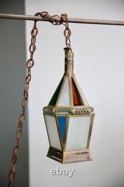 Vintage Antique Stained Glass Hanging Ceiling Lantern Lamp Swag Light brass