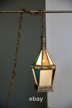 Vintage Antique Stained Glass Hanging Ceiling Lantern Lamp Swag Light brass