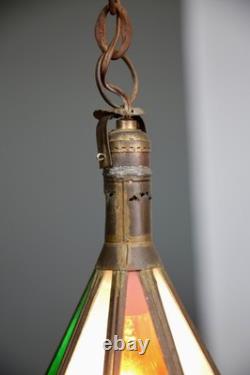 Vintage Antique Stained Glass Hanging Ceiling Lantern Lamp Swag Light brass