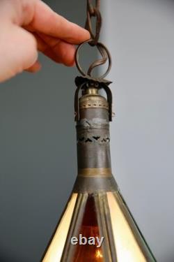 Vintage Antique Stained Glass Hanging Ceiling Lantern Lamp Swag Light brass
