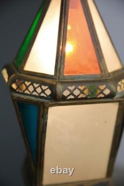 Vintage Antique Stained Glass Hanging Ceiling Lantern Lamp Swag Light brass