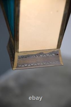 Vintage Antique Stained Glass Hanging Ceiling Lantern Lamp Swag Light brass