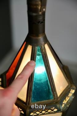 Vintage Antique Stained Glass Hanging Ceiling Lantern Lamp Swag Light brass